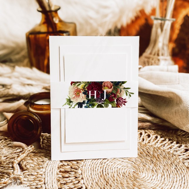 Monogram Moody Burgundy jewel Floral Wedding  Invitation Belly Band (Creator Uploaded)