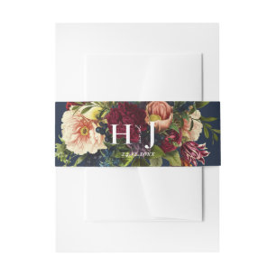 Monogram Moody Burgundy Navy Floral Wedding Invitation Belly Band