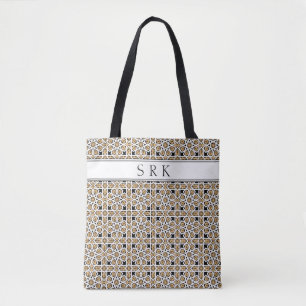 Monogram Moroccan Beige and Black Pattern Reusable Tote Bag