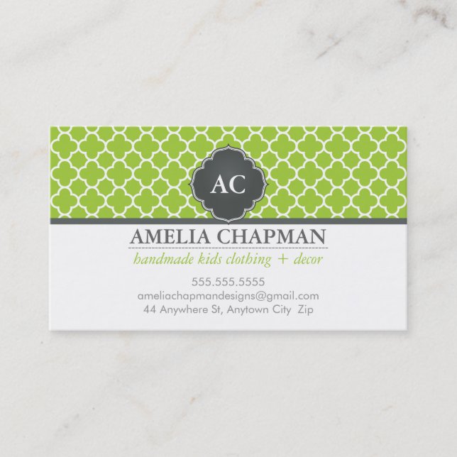MONOGRAM morrocan tile pattern lime green grey Business Card (Front)