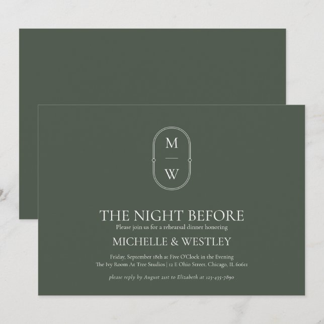Monogram Moss Green Wedding Rehearsal Dinner Invitation (Front/Back)