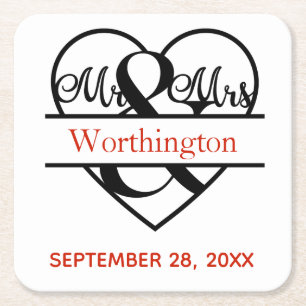 Monogram Mr. and Mrs. Red Black Wedding  Square Paper Coaster