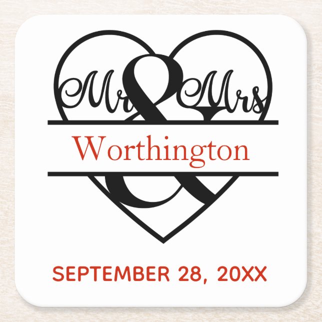 Monogram Mr. and Mrs. Red Black Wedding  Square Paper Coaster (Front)