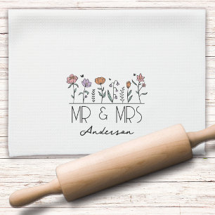 Monogram Mr & Mrs Wildflowers Newlyweds Tea Towel