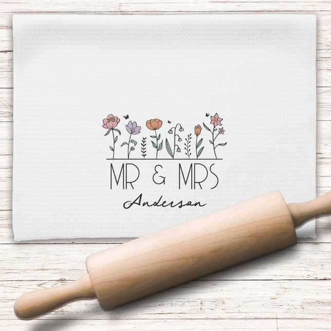 Monogram Mr & Mrs Wildflowers Newlyweds Tea Towel (Creator Uploaded)
