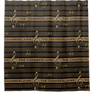 Monogram Muddy Brown Gold Treble Clef and Notes Shower Curtain