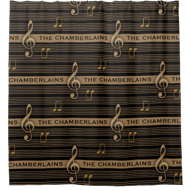 Monogram Muddy Brown Gold Treble Clef and Notes Shower Curtain (Front)