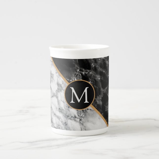 Monogram Mug - Black White Marble Stone (Front)