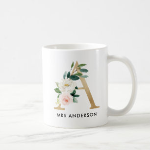 Monogram Mug, Floral Monogram A, Custom Gift, Gold Coffee Mug