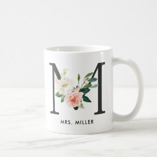 Monogram Mug, Floral Monogram M, Custom Gift Coffee Mug