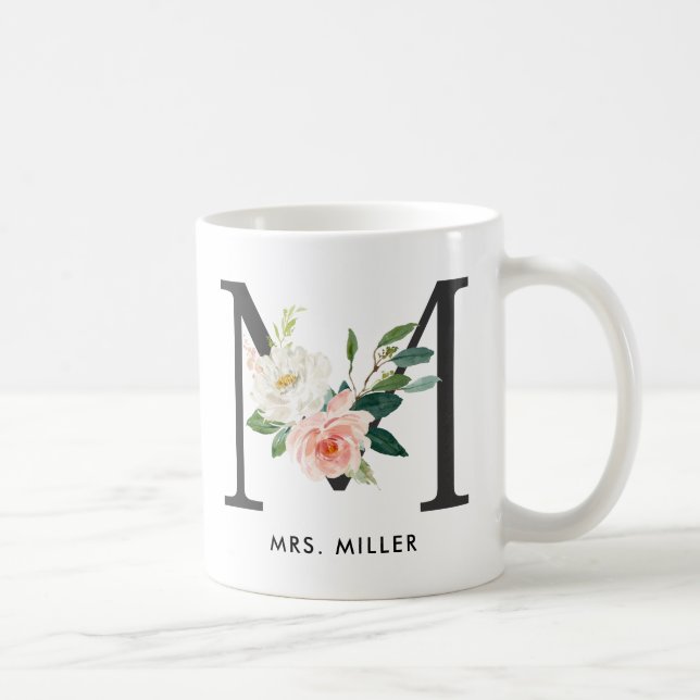 Monogram Mug, Floral Monogram M, Custom Gift Coffee Mug (Right)
