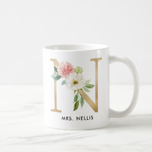 Monogram Mug, Floral Monogram N, Custom Gift, Gold Coffee Mug