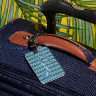 Monogram Music Note and Stripes in Shades of Blue Luggage Tag