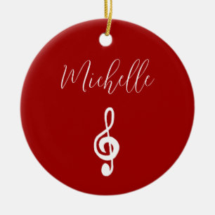 Monogram Music Treble Clef Red Christmas Ceramic Ornament