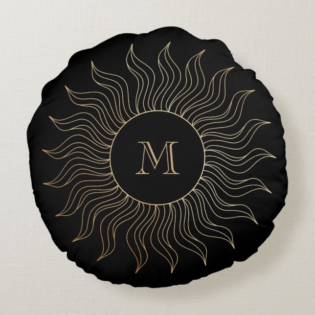 Monogram My Sun and Moon Celestial Gold Black Round Cushion (Back)