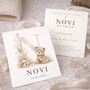 Monogram N Beer Neutral Woodland Birth Card