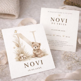 Monogram N Beer Neutral Woodland Birth Card