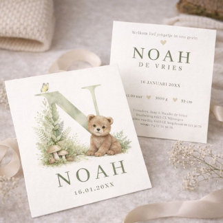 Monogram N Beer Woodland Watercolor Birth Card
