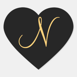 Monogram N,  gold coloured initial N on black, Heart Sticker
