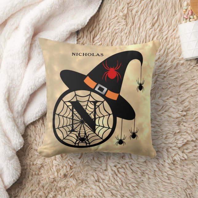 Monogram N Halloween Sky Witch Spiders Name Cushion (Blanket)