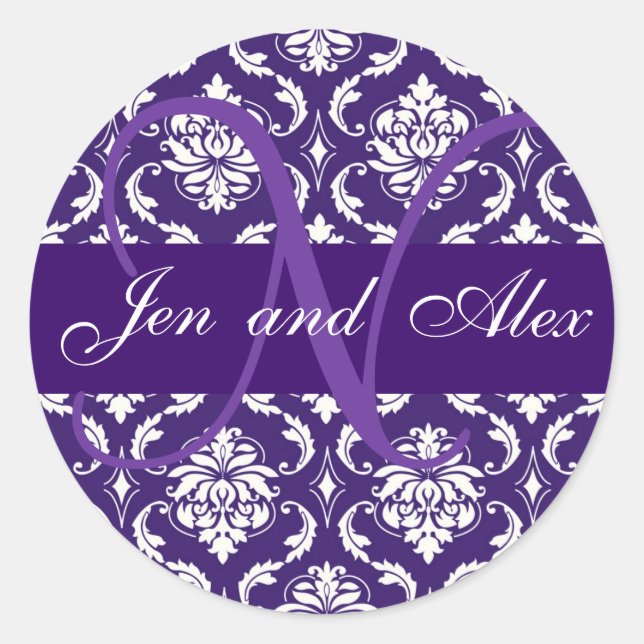 Monogram N Purple Damask Wedding Favour Sticker (Front)