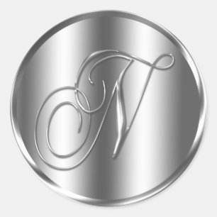 Monogram N Silver Colour Wedding Invitation Holida Classic Round Sticker