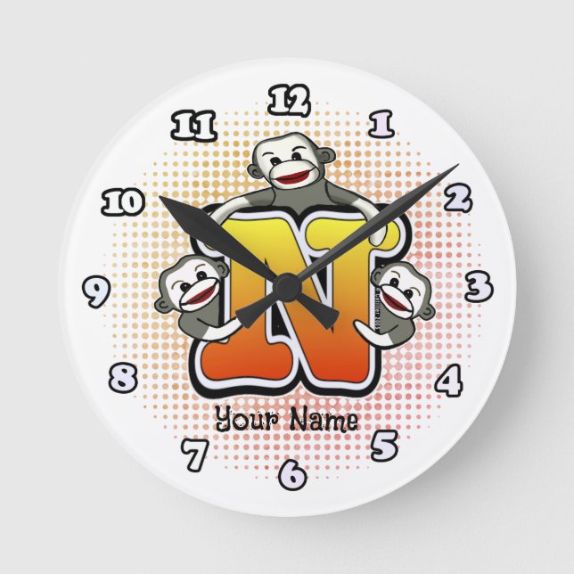 Monogram N Sock Monkey clock (Front)