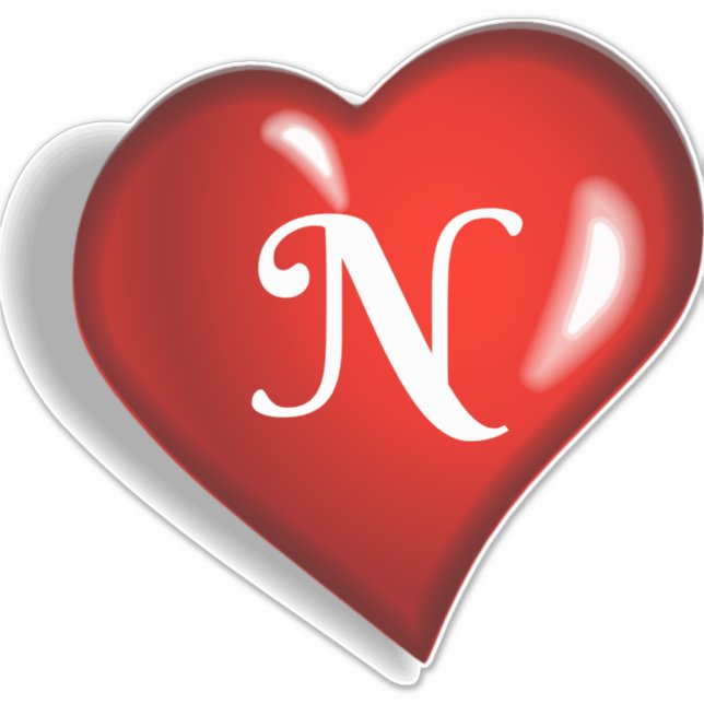 Monogram N, white script on ruby red heart (Front)