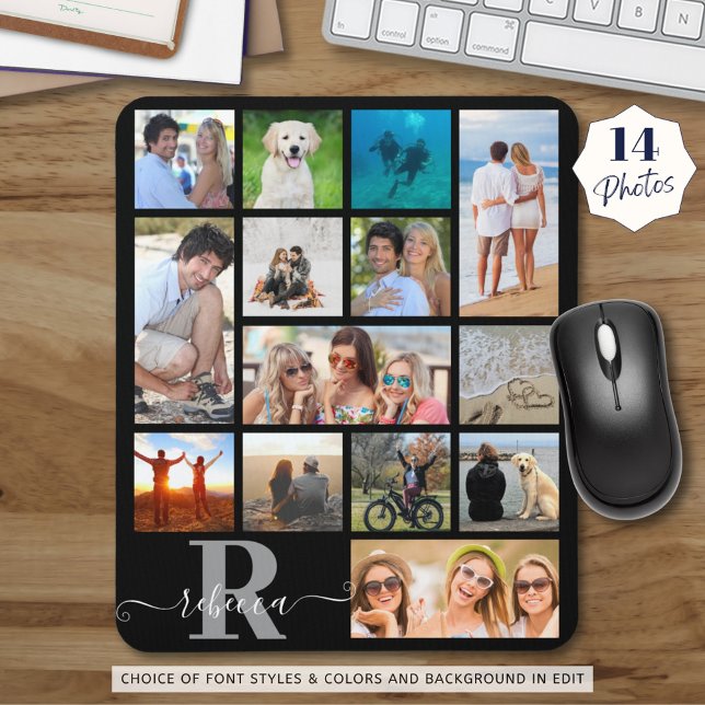 Monogram Name 14 Photo Collage Custom Colour Mouse Pad (Creator Uploaded)
