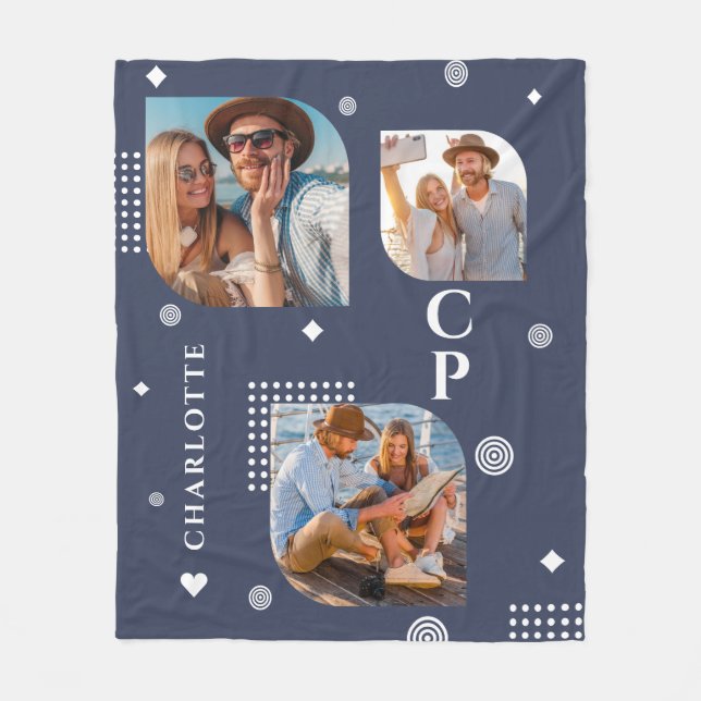Monogram Name 3 Photo Collage Trendy Fleece Blanket (Front)