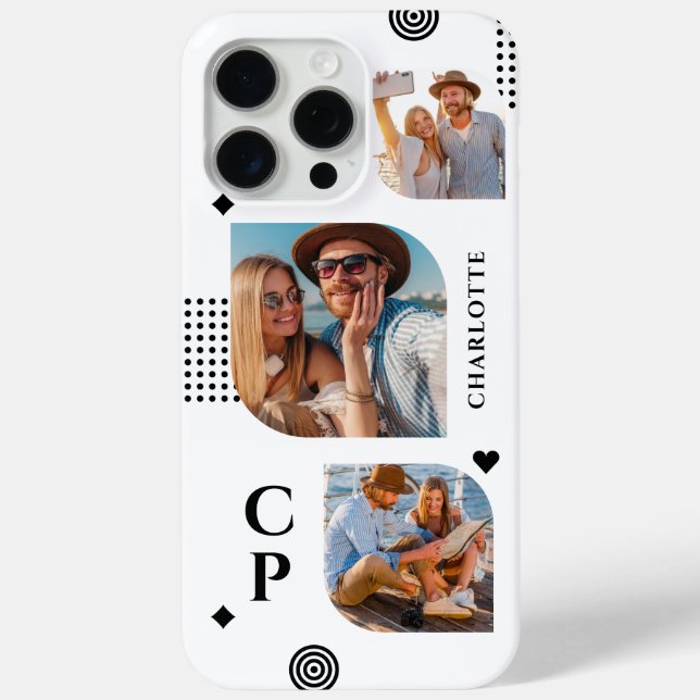 Monogram Name 3 Photo Collage Trendy Modern Case-Mate iPhone Case (Back)