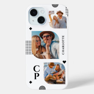 Monogram Name 3 Photo Collage Trendy Modern iPhone 15 Case
