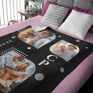 Monogram Name 3 Photo Collage Trendy Modern Fleece Blanket