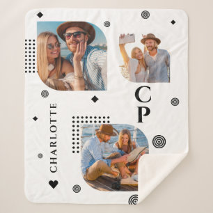 Monogram Name 3 Photo Collage Trendy Sherpa Blanket