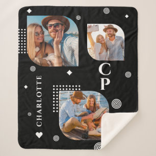 Monogram Name 3 Photo Collage Trendy Sherpa Blanket