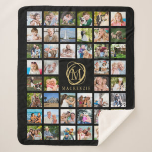 Monogram Name 44 Photo Collage Editable Black Gold Sherpa Blanket