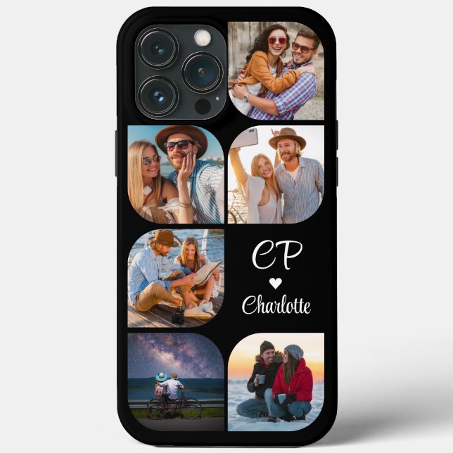 Monogram Name 6 Photo Modern Trendy Simple Case-Mate iPhone Case (Back)