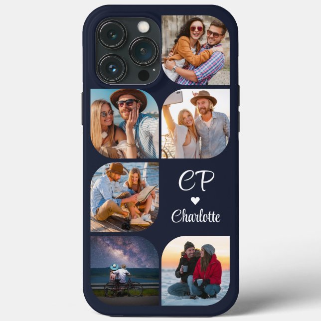 Monogram Name 6 Photo Modern Trendy Simple Case-Mate iPhone Case (Back)