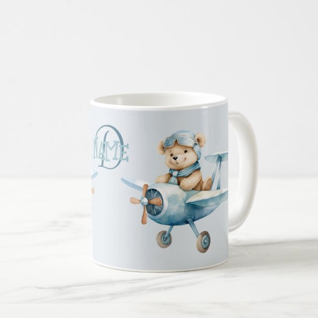 Monogram Name Aeroplane Happy Blue Bear Pilot Coffee Mug (Front Right)