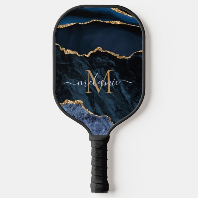 Monogram Name Agate Blue Gold Pickleball Paddle (Front)