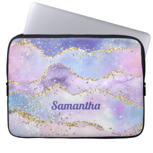 Monogram Name Agate Gold Glitter Pink Purple Blue Laptop Sleeve