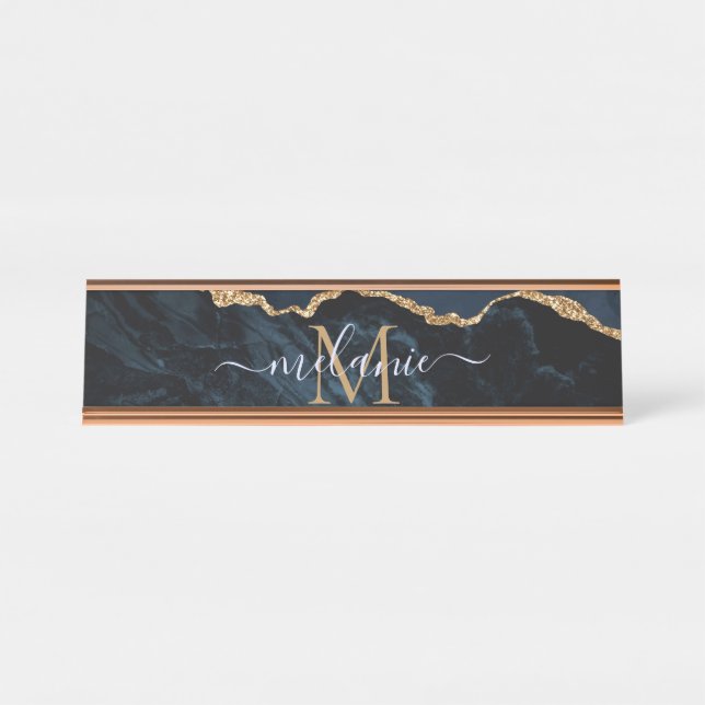 Monogram Name Agate Navy Blue Gold Gemstone Marble Desk Name Plate (Front)