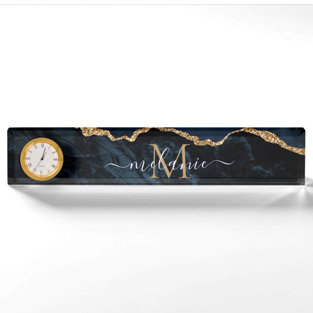 Monogram Name Agate Navy Blue Gold Gemstone Marble Nameplate (Front)