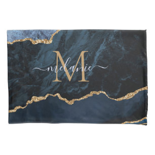 Monogram Name Agate Navy Blue Gold Gemstone Marble Pillowcase