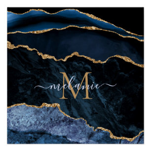 Monogram Name Agate Navy Blue Gold Gemstone Marble Poster