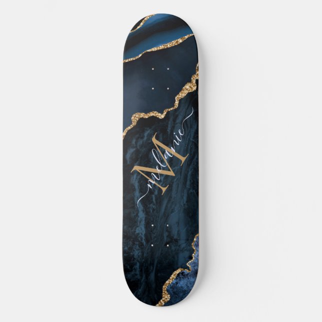 Monogram Name Agate Navy Blue Gold Gemstone Marble Skateboard (Front)