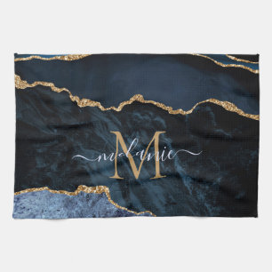 Monogram Name Agate Navy Blue Gold Gemstone Marble Tea Towel