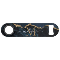 Monogram Name Agate Navy Blue Gold Marble Bar Key