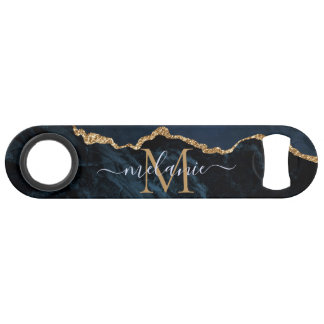 Monogram Name Agate Navy Blue Gold Marble Bar Key