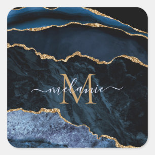 Monogram Name Agate Navy Blue Gold Marble Sticker